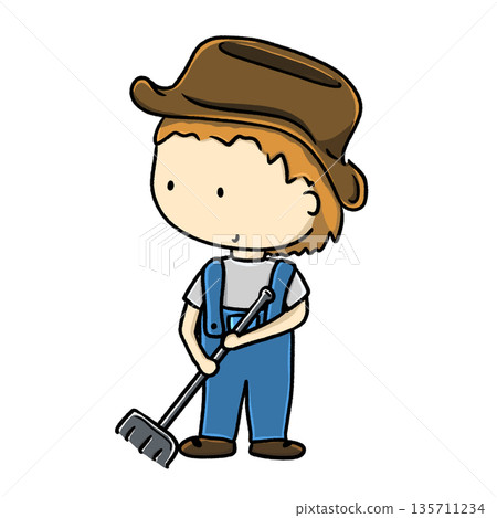 Cute farmer boy holding a rake cartoon illustration Cute farmer boy holding a rake cartoon illustration 135711234