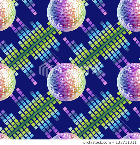 Retro disco ball and music equalizer in rainbow color in the style of 80s and 90s as a disco symbol.Watercolor illustration for flyers,posters,theme party cards 135711311