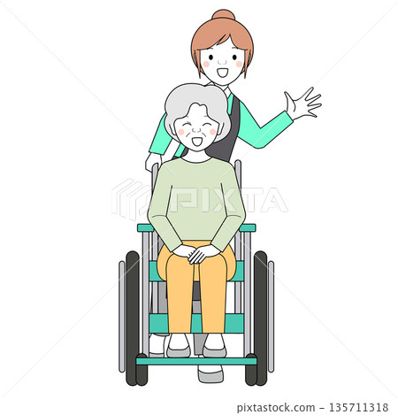 Women press a wheelchair Women press a wheelchair 135711318
