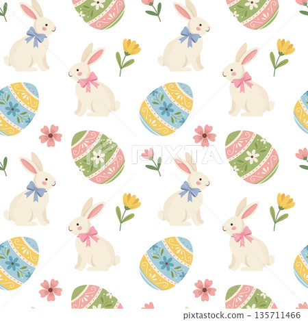 Cute Easter bunny and floral eggs seamless pattern. Spring vector background with rabbits on white 135711466