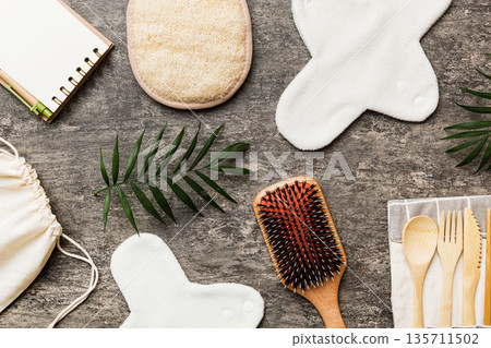 Zero waste concept. Eco-friendly home daily accessories. top view Zero waste concept. Eco-friendly home daily accessories. top view 135711502
