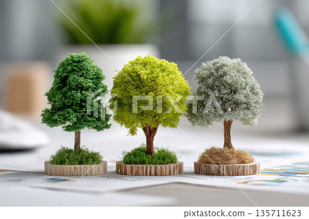 Green tree layouts on a desktop in an office 135711623