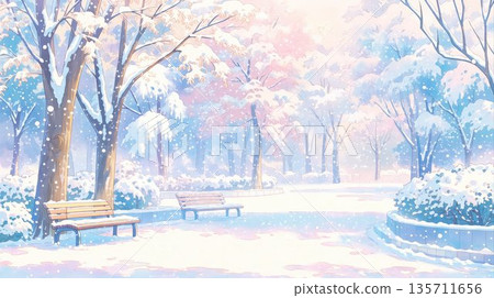 Snowy park landscape painted in pale colors Winter illustration background 135711656