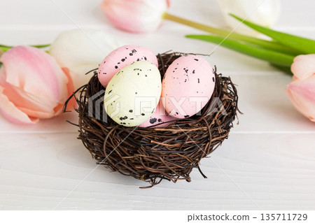 Happy Easter. Easter eggs in nest on colored table with tulip. Natural dyed colorful eggs background top view with copy space Happy Easter. Easter eggs in nest on colored table with tulip. Natural dyed colorful eggs background top view with copy space 135711729