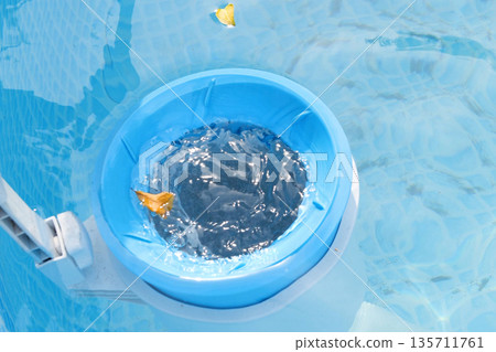 Top view of the blue skimmer for cleaning the pool in clear water. Contaminated pool cleaning concept 135711761