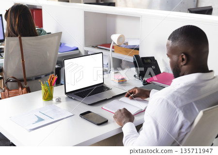 Diverse coworkers working at adjacent workstations in office with laptop and notebook, copy space 135711947
