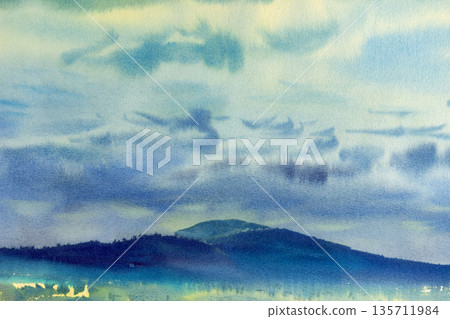 Painting landscape colorful of trees meadow field in mountain. 135711984