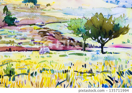 Paintings colorful of cottage and rice field , with mountain. 135711994