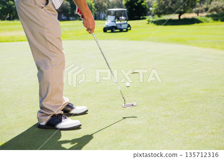 Japanese man gripping putter, aiming golf ball on putting green near golf cart, copy space Japanese man gripping putter, aiming golf ball on putting green near golf cart, copy space 135712316