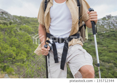 Male hiker gripping trekking poles while traversing shrub-covered hillside trail with backpack 135712344