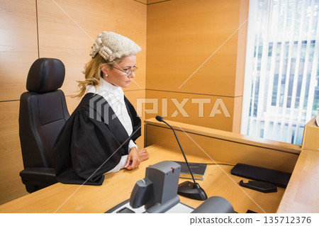 Female judge in wig, robe and glasses reviewing files in courtroom with microphone, copy space 135712376
