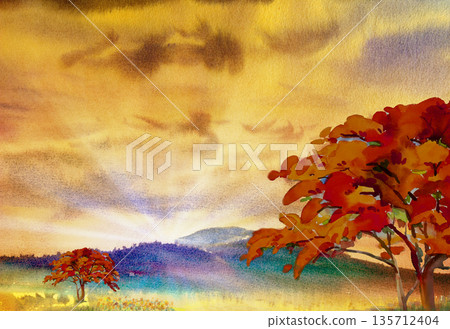 Painting landscape colorful of Red, orange trees, flowers and meadows. Painting landscape colorful of Red, orange trees, flowers and meadows. 135712404