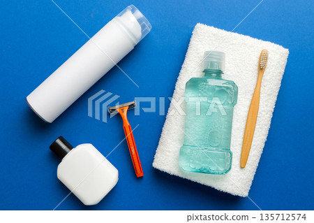 Mockup for bathing products top view flat lay, spa razor, toothpaste, soap, gel and other various accessories. Cosmetics for skin health. Bath Mockup for your logo Mockup for bathing products top view flat lay, spa razor, toothpaste, soap, gel and other various accessories. Cosmetics for skin health. Bath Mockup for your logo 135712574