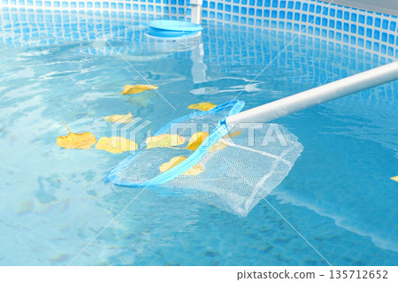 Cleaning a swimming pool with a mesh skimmer . The long net cleans colored leaves off surface of the water Cleaning a swimming pool with a mesh skimmer . The long net cleans colored leaves off surface of the water 135712652