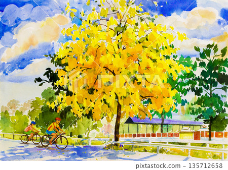 Painting watercolor landscape yellow orange color of golden tree flowers. Painting watercolor landscape yellow orange color of golden tree flowers. 135712658