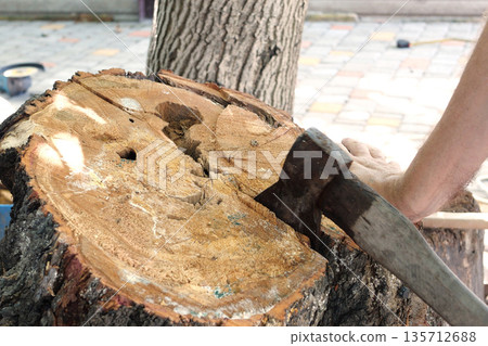 Cutting wood with a large sharp ax, Man Chops firewood, Chopping of wood on a wooden log in summer at the home 135712688