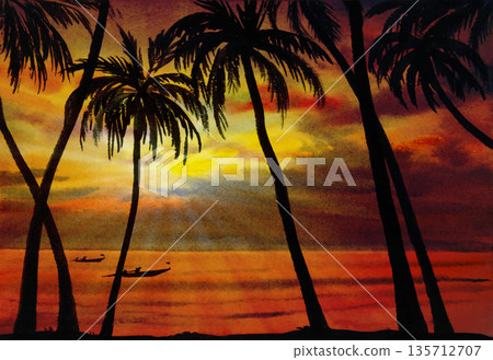 Painting saescape colorful of Sea fishing in the sunlight morning. Painting saescape colorful of Sea fishing in the sunlight morning. 135712707