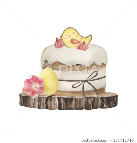 Easter cake with gingerbread chicken, meringue, egg and pink tulip on a wooden stand. Watercolor illustration is hand drawn in a cute spring eco style. For packaging design, postcards, invitations Easter cake with gingerbread chicken, meringue, egg and pink tulip on a wooden stand. Watercolor illustration is hand drawn in a cute spring eco style. For packaging design, postcards, invitations 135712716