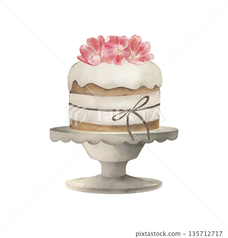 Easter cake with white icing and flowers on a stand. Watercolor illustration is hand-drawn in a gentle spring style. For the design of holiday cards, invitations, packaging, textiles, festival 135712717