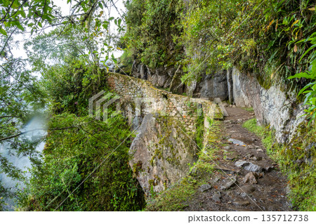 Ancient Inca trail leading to the Inca Bridge - Puente Inca - at Machu Picchu 135712738