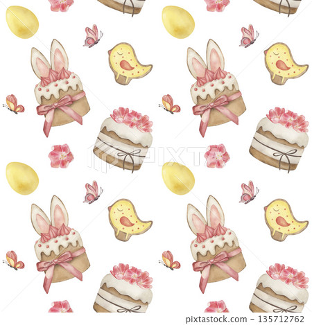 Easter seamless pattern with Easter cakes, gingerbread, eggs, flowers and butterflies. Illustration with a holiday treat is hand-drawn in watercolor. For the design of wrapping paper, textiles 135712762