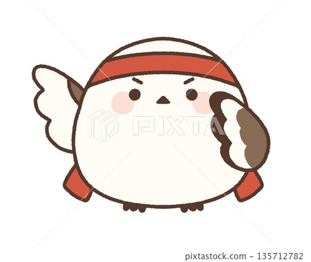 A long-tailed tit wearing a red headband and cheering with an upturned expression A long-tailed tit wearing a red headband and cheering with an upturned expression 135712782
