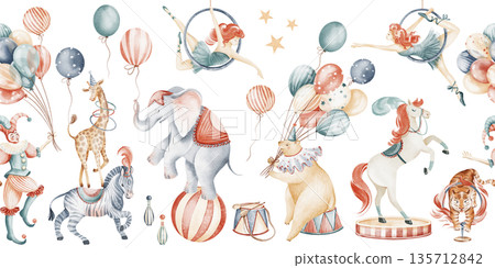 Seamless Watercolor Circus Border With Performers And Animals 135712842
