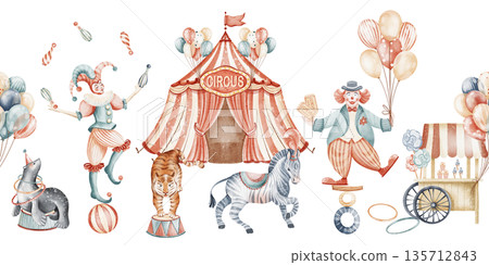Seamless Watercolor Circus Border With Performers And Animals Seamless Watercolor Circus Border With Performers And Animals 135712843