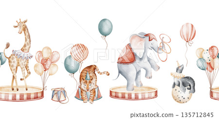 Watercolor Circus Seamless Border With Animals Watercolor Circus Seamless Border With Animals 135712845
