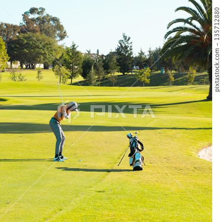 African American male golfer gripping club on fairway near ball with golf bag, copy space African American male golfer gripping club on fairway near ball with golf bag, copy space 135712880
