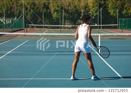 African American adult female tennis player standing on hard court at net holding racket 135712955