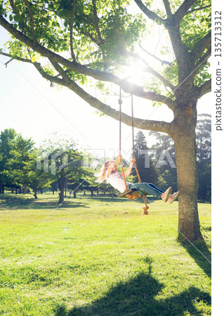 Girl child swinging energetically on rope swing with knotted ropes under tree in sunlit public park Girl child swinging energetically on rope swing with knotted ropes under tree in sunlit public park 135713312