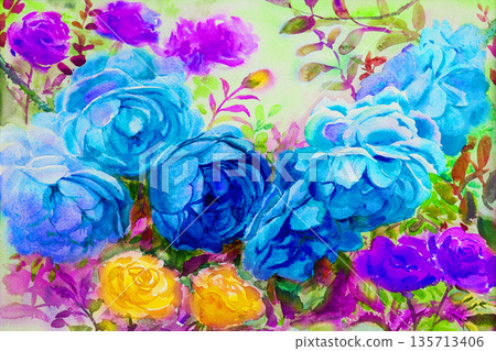 Painting watercolor flowers landscape colorful of roses. Painting watercolor flowers landscape colorful of roses. 135713406