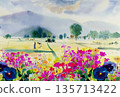 Painting colorful of wildflowers with farmer cornfield in spring. 135713422