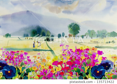 Painting colorful of wildflowers with farmer cornfield in spring. Painting colorful of wildflowers with farmer cornfield in spring. 135713422