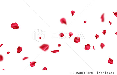 Red flower petals fall onto an abstract floral background, featuring beautiful floral patterns on a greeting card. Vector illustration. Red flower petals fall onto an abstract floral background, featuring beautiful floral patterns on a greeting card. Vector illustration. 135713533