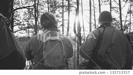 Back View On American Infantry Soldiers standing together At Win 135713557