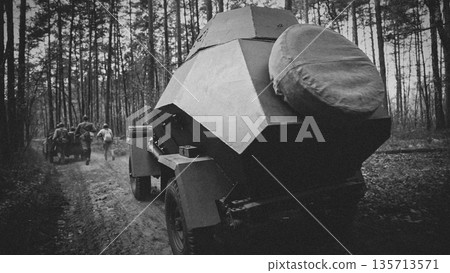 Soviet WWII times Armored Vehicle on Dusty Road in forest Soviet 135713571