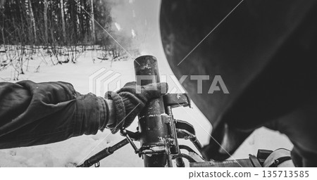 Usa Army Soldiers Of World War Ii. Heroes Of War. Reconstruction Defense Battles. Mortar Shooting Explosions Forest. Close-up View On Re-enactors Dressed As American Infantry Soldiers Fire From Mortar 135713585