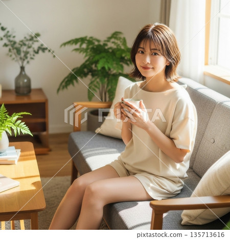 放鬆在客廳的沙發上的年輕女子 135713616