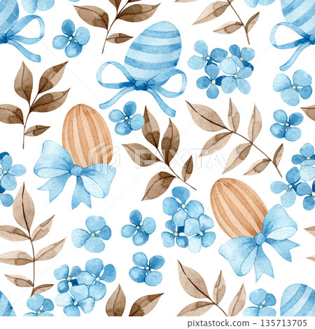 Easter pattern with cute watercolor Easter eggs, bows and flowers. Pastel colors 135713705
