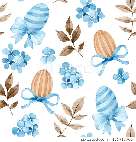 Easter pattern with cute watercolor Easter eggs, bows and flowers. Pastel colors Easter pattern with cute watercolor Easter eggs, bows and flowers. Pastel colors 135713706