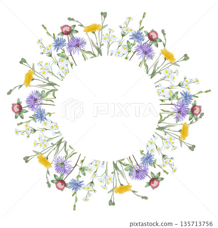 Wildflower Floral Wreath Watercolor Illustration Wildflower Floral Wreath Watercolor Illustration 135713756