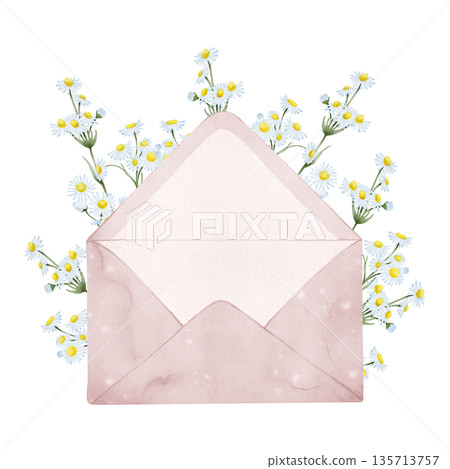 Envelope with Chamomile Flowers Watercolor Envelope with Chamomile Flowers Watercolor 135713757