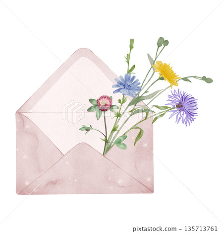 Envelope with Wildflowers Watercolor Illustration 135713761