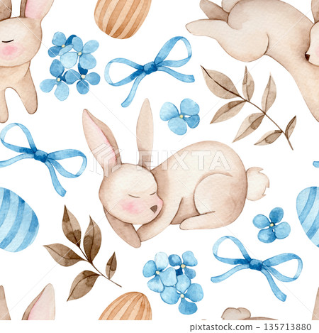 Easter seamless pattern with cute watercolor Easter bunnies, bows and flowers. Pastel colors. 135713880