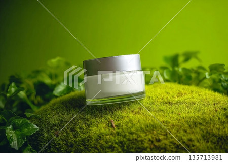 A jar of white beauty cream in a container on green background. Cosmetic package mockup. Skin cosmetic product. A jar of white beauty cream in a container on green background. Cosmetic package mockup. Skin cosmetic product. 135713981