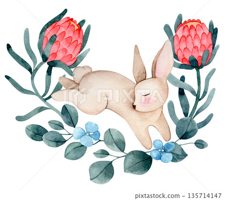 Easter composition with a cute watercolor Easter bunny, flowers and eucalyptus leaves. Easter composition with a cute watercolor Easter bunny, flowers and eucalyptus leaves. 135714147