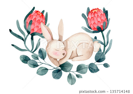 Easter composition with a cute watercolor Easter bunny, flowers and eucalyptus leaves. Easter composition with a cute watercolor Easter bunny, flowers and eucalyptus leaves. 135714148