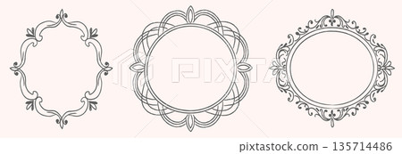 Elegant hand drawn ornamental frames set with floral curves and vintage lace detail. Decorative round and oval borders. Classic paper cut design for invitations, label, stationery. Vector illustration 135714486